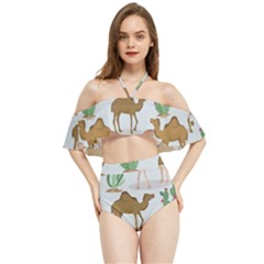 Camels Cactus Desert Pattern Halter Flowy Bikini Set 