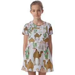 Camels Cactus Desert Pattern Kids  Short Sleeve Pinafore Style Dress