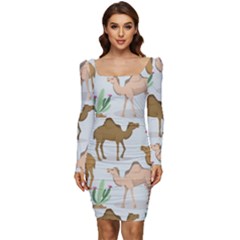 Camels Cactus Desert Pattern Women Long Sleeve Ruched Stretch Jersey Dress