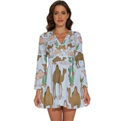 Camels Cactus Desert Pattern Long Sleeve V-Neck Chiffon Dress 