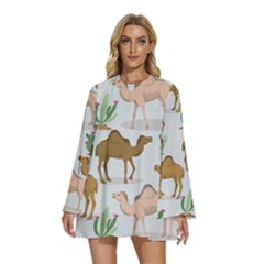 Camels Cactus Desert Pattern Round Neck Long Sleeve Bohemian Style Chiffon Mini Dress