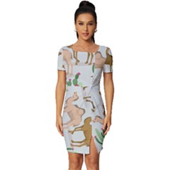 Camels Cactus Desert Pattern Fitted Knot Split End Bodycon Dress