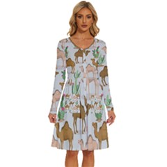 Camels Cactus Desert Pattern Long Sleeve Dress With Pocket