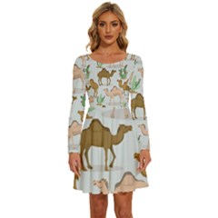 Camels Cactus Desert Pattern Long Sleeve Wide Neck Velvet Dress