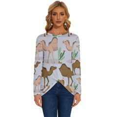 Camels Cactus Desert Pattern Long Sleeve Crew Neck Pullover Top