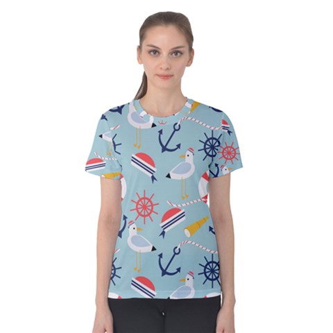 Nautical Marine Symbols Seamless Pattern Women s Cotton T-shirt by Hannah976