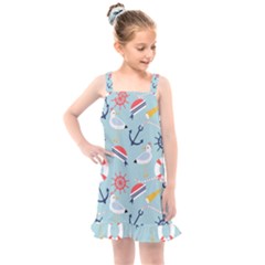 Nautical Marine Symbols Seamless Pattern Kids  Overall Dress
