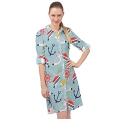 Nautical Marine Symbols Seamless Pattern Long Sleeve Mini Shirt Dress