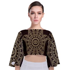 Hamsa Hand Drawn Symbol With Flower Decorative Pattern Tie Back Butterfly Sleeve Chiffon Top