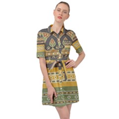 Seamless Pattern Egyptian Ornament With Lotus Flower Belted Shirt Dress