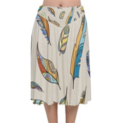 Vector Boho Doodle Feathers Seamless Pattern Illustration Velvet Flared Midi Skirt