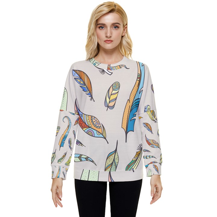 Vector Boho Doodle Feathers Seamless Pattern Illustration Hidden Pocket Sweatshirt