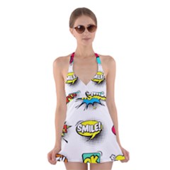 Set Colorful Comic Speech Bubbles Halter Dress Swimsuit 