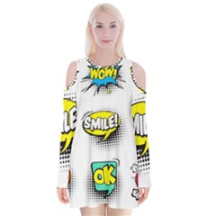 Set Colorful Comic Speech Bubbles Velvet Long Sleeve Shoulder Cutout Dress