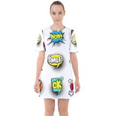 Set Colorful Comic Speech Bubbles Sixties Short Sleeve Mini Dress