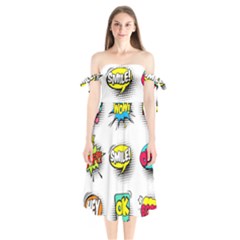 Set Colorful Comic Speech Bubbles Shoulder Tie Bardot Midi Dress