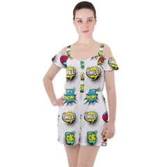 Set Colorful Comic Speech Bubbles Ruffle Cut Out Chiffon Playsuit