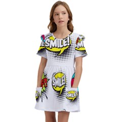 Set Colorful Comic Speech Bubbles Kids  Frilly Sleeves Pocket Dress