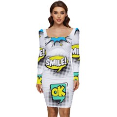 Set Colorful Comic Speech Bubbles Women Long Sleeve Ruched Stretch Jersey Dress