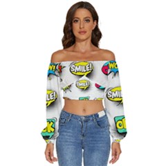 Set Colorful Comic Speech Bubbles Long Sleeve Crinkled Weave Crop Top