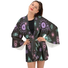 Vintage Seamless Pattern With Tribal Art African Style Drawing Long Sleeve Kimono