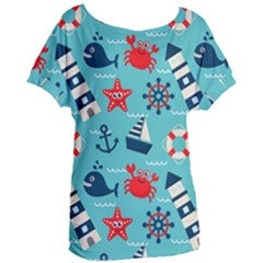Seamless Pattern Nautical Icons Cartoon Style Women s Oversized T-shirt