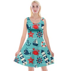 Seamless Pattern Nautical Icons Cartoon Style Reversible Velvet Sleeveless Dress