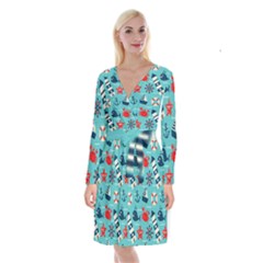 Seamless Pattern Nautical Icons Cartoon Style Long Sleeve Velvet Front Wrap Dress