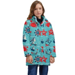 Seamless Pattern Nautical Icons Cartoon Style Kids  Hooded Longline Puffer Jacket by Hannah976