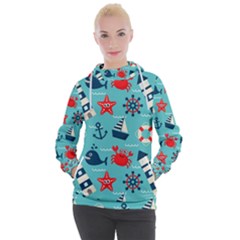 Seamless Pattern Nautical Icons Cartoon Style Women s Hooded Pullover by Hannah976