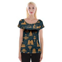 Dark Seamless Pattern Symbols Landmarks Signs Egypt Art Cap Sleeve Top