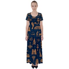 Dark Seamless Pattern Symbols Landmarks Signs Egypt Art High Waist Short Sleeve Maxi Dress