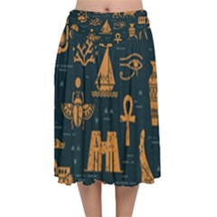 Dark Seamless Pattern Symbols Landmarks Signs Egypt Art Velvet Flared Midi Skirt by Hannah976