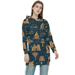 Dark Seamless Pattern Symbols Landmarks Signs Egypt Art Women s Long Oversized Pullover Hoodie by Hannah976