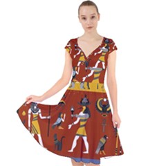 Ancient Egyptian Religion Seamless Pattern Cap Sleeve Front Wrap Midi Dress