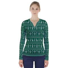 Wallpaper Ugly Sweater Backgrounds Christmas V-neck Long Sleeve Top by artworkshop
