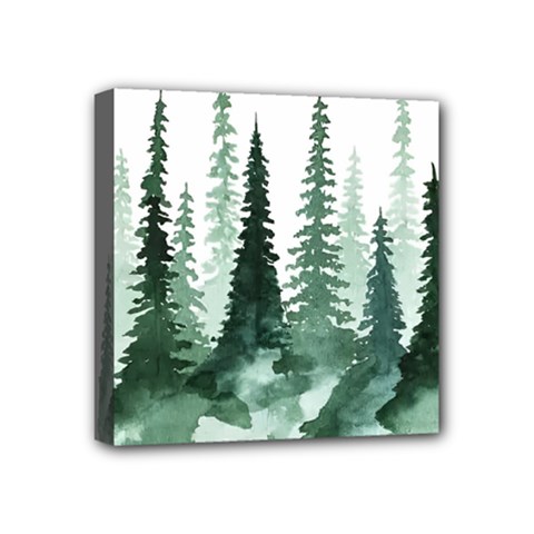 Tree Watercolor Painting Pine Forest Mini Canvas 4  x 4  (Stretched)