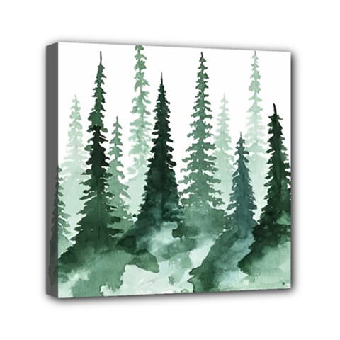 Tree Watercolor Painting Pine Forest Mini Canvas 6  x 6  (Stretched)