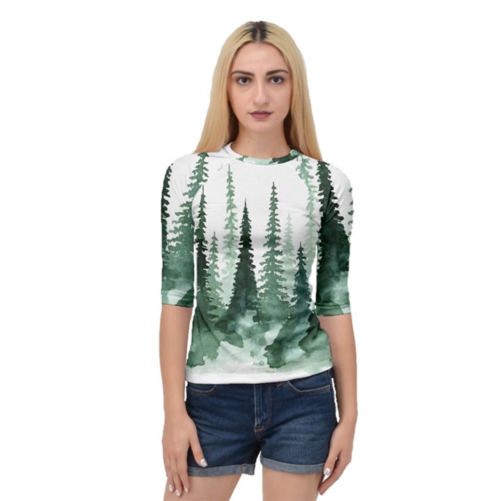 Tree Watercolor Painting Pine Forest Quarter Sleeve Raglan T-Shirt