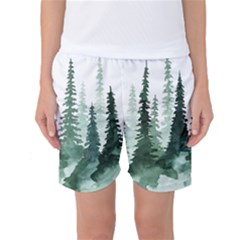 Tree Watercolor Painting Pine Forest Women s Basketball Shorts