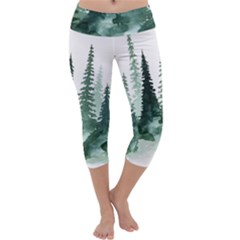 Tree Watercolor Painting Pine Forest Capri Yoga Leggings