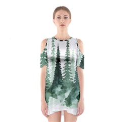 Tree Watercolor Painting Pine Forest Shoulder Cutout One Piece Dress