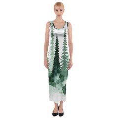 Tree Watercolor Painting Pine Forest Fitted Maxi Dress