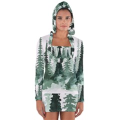 Tree Watercolor Painting Pine Forest Long Sleeve Hooded T-shirt