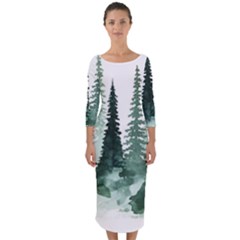 Tree Watercolor Painting Pine Forest Quarter Sleeve Midi Bodycon Dress