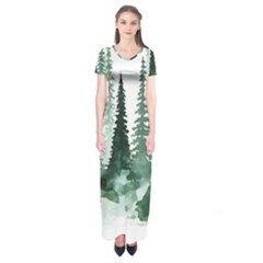 Tree Watercolor Painting Pine Forest Short Sleeve Maxi Dress