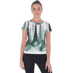 Tree Watercolor Painting Pine Forest Short Sleeve Sports Top 