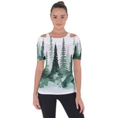 Tree Watercolor Painting Pine Forest Shoulder Cut Out Short Sleeve Top