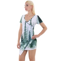 Tree Watercolor Painting Pine Forest Short Sleeve Asymmetric Mini Dress