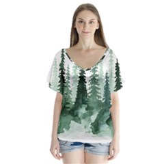 Tree Watercolor Painting Pine Forest V-neck Flutter Sleeve Top by Hannah976